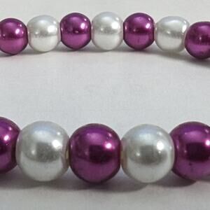 Purple & White Faux Pearl Bracelet Beaded Stretch Handmade Classic Jewelry Gift